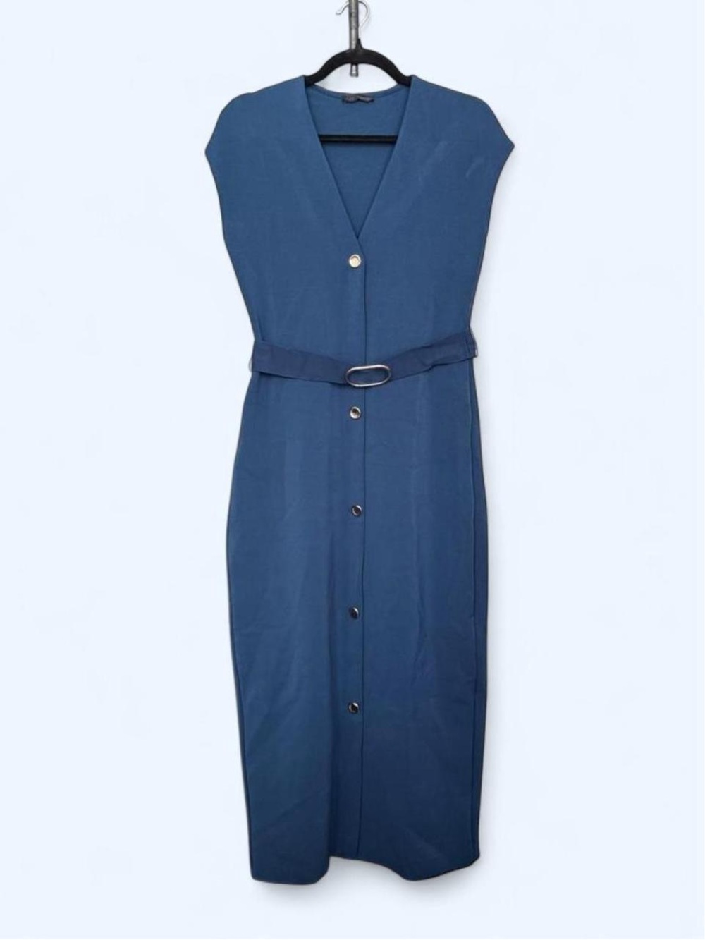 Zara Navy Button-Front Midi Dress with Belt